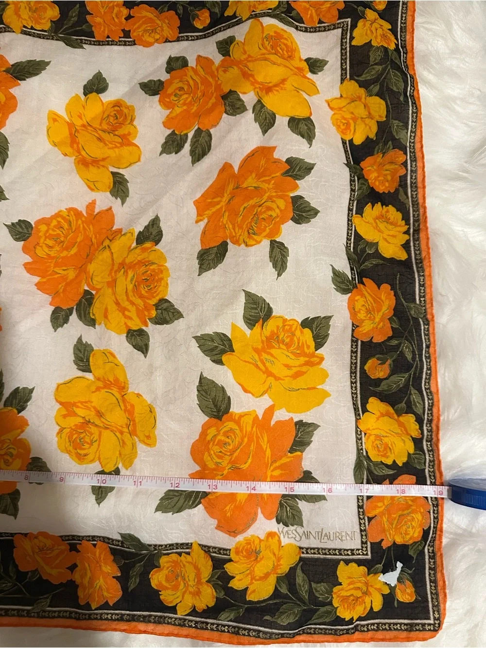 Yves Saint Laurent Floral Cotton Square Scarf Orange Yellow Roses 19” - Picture 4 of 7